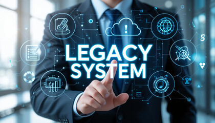 Man using virtual touch screen presses inscription LEGACY SYSTEMS. Legacy System Business Technology.