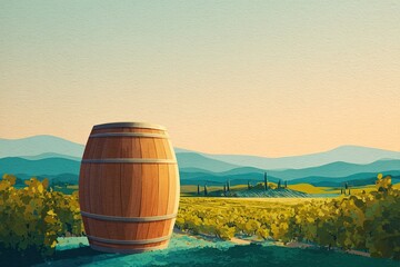 A wooden wine barrel sits amidst a sun-drenched vineyard, rolling hills, and a serene sunset sky