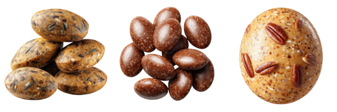 Premium dry kibble pieces for balanced pet nutrition branding concept. Dog kibble with natural ingredients in different shapes and textures for healthy nutrition
