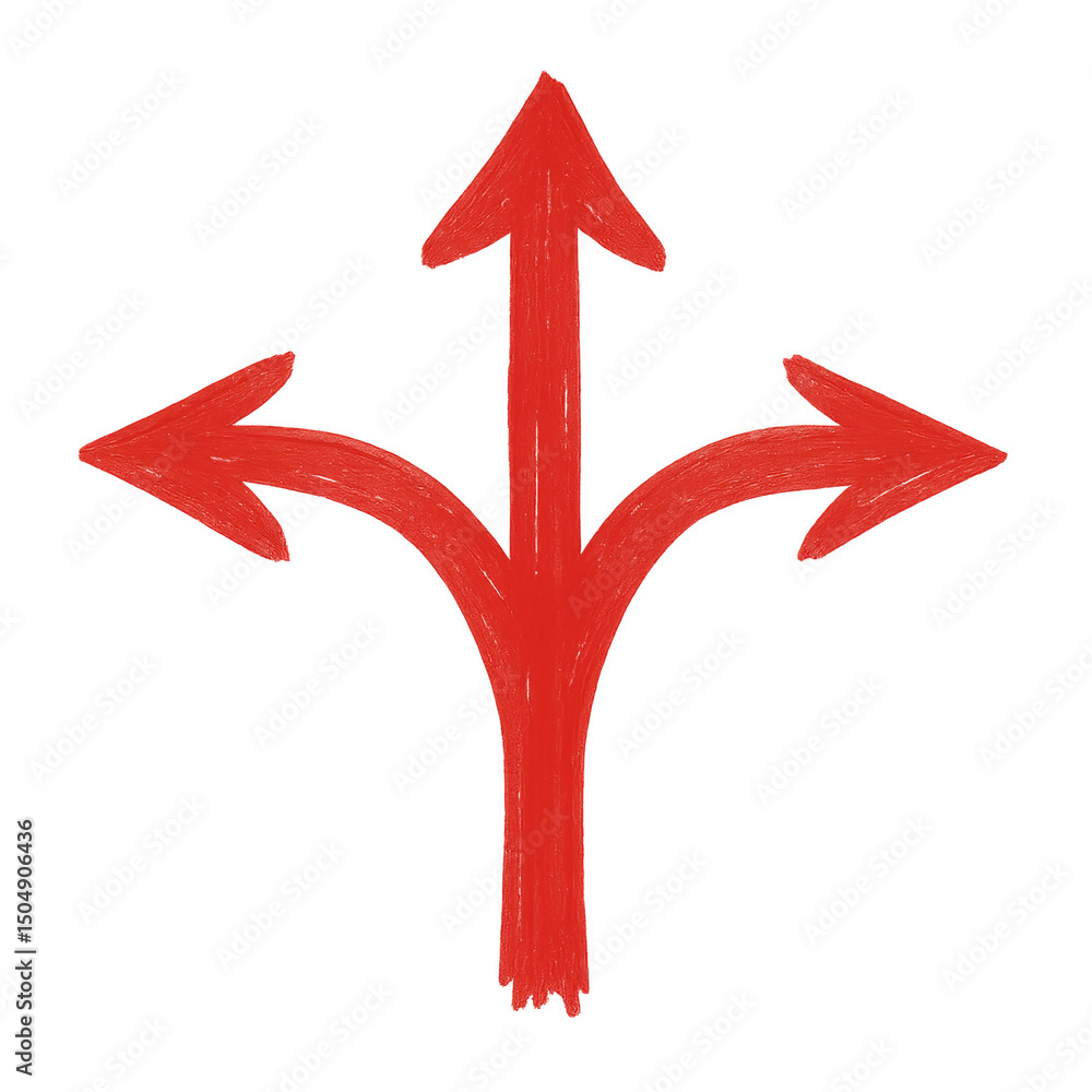 Poster three directions arrow: a vibrant red hand-drawn arrow branching into three distinct directions, sym