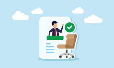 Businessman profile paper with office chair and check mark illustration of new employee performance profile
