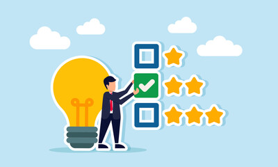 Businessman with lamp placing check mark on star list illustration of progress applying ideas to improve business quality