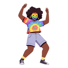 Dancing Person with Rainbow Mask Wearing Tie-dye Shirt Having Fun