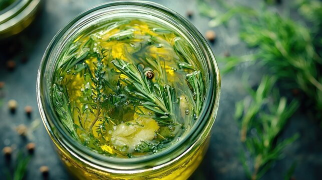 Glass jar of infused olive oil with herbs and garlic