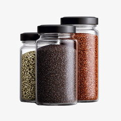 Three Glass Jars of Quinoa, Chia Seeds, and Hemp