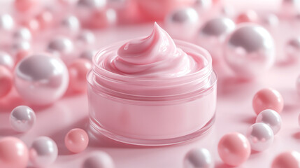 A jar of pink cream with a creamy white cosmetic texture, set against a background of balls and pearls