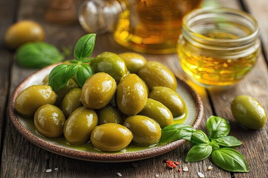A rustic still life featuring a plate of glistening green olives, drizzled with oil, garnished with fresh basil, alongside bottles of olive oil and scattered seasonings on a wooden surface