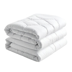 A neatly folded, fluffy white comforter with a quilted design