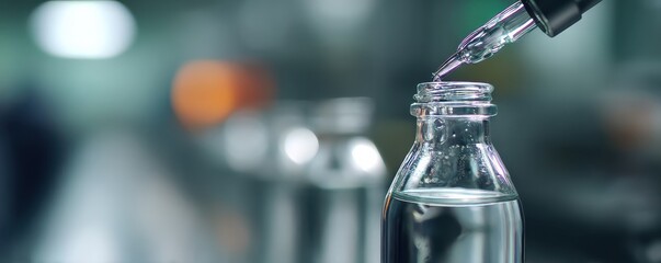 IV infusion setup style. Clear dropper dispensing liquid into a glass bottle.