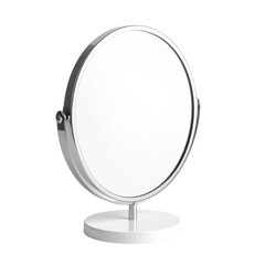 Fototapeta premium A round tabletop mirror with a metallic frame and a sturdy base, designed for personal grooming or makeup application