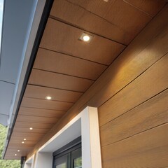 Modern soffit board cladding with wood finish and recessed lighting, enhancing the buildings design.