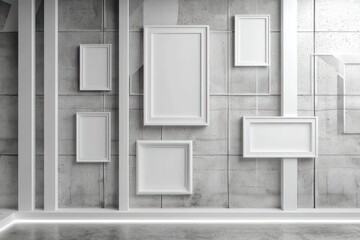 Monochrome design featuring geometric whiteboard frames and textured concrete wall in a modern space.