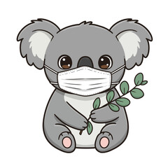 Fototapeta premium Cartoon Koala Wearing Face Mask Holding Eucalyptus Branch Illustration