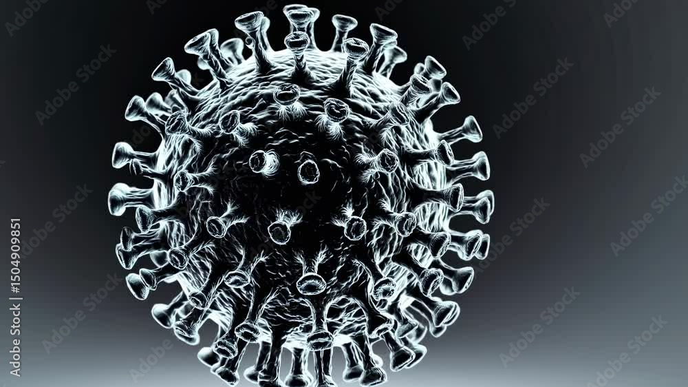 Poster 3d rendering of a virus model in grayscale, viewed from a side angle. the style is scientific and de