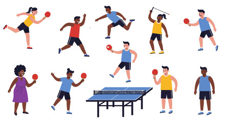 Diverse group of people playing table tennis with paddles and a ping pong table