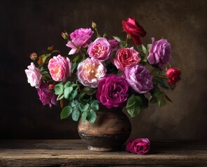 A rustic earthenware vase holds a vibrant bouquet of pink, purple, and red roses, set against a dark, textured background on a wooden surface.  A single fallen rose rests nearby