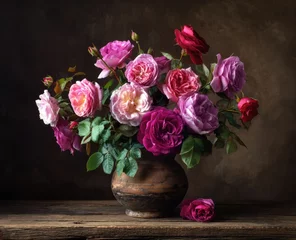 A rustic earthenware vase holds a vibrant bouquet of pink, purple, and red roses, set against a dark, textured background on a wooden surface.  A single fallen rose rests nearby