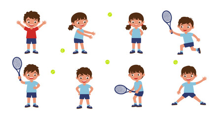 Playful Children Engaging in Tennis Activities with Tennis Balls and Rackets