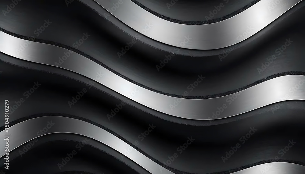 Poster abstract dark background with silver, luminous, wavy and horizontal bands adding depth and texture.