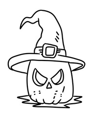 freehand drawn black and white cartoon witch wearing hat
