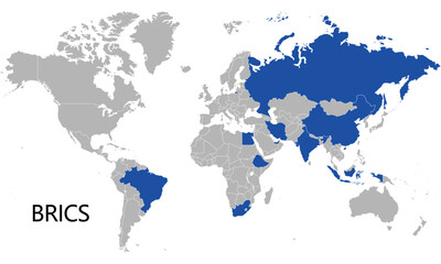 世界地図とBRICSの加盟国、2025年5月現在、大西洋