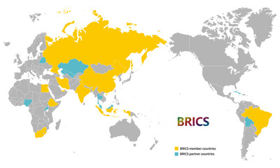 世界地図とブリックスの国々、2025年5月現在の加盟国とパートナー国、大平洋