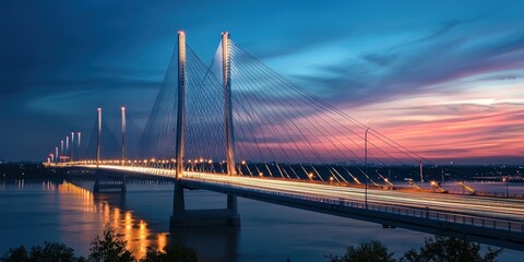 A famous suspension bridge with glowing traffic trails against a twilight sky