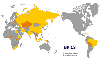 世界地図とブリックスの国々、2025年5月現在の加盟国とパートナー国、太平洋