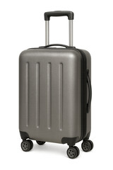 Sleek gray travel suitcase standing vertically, showcasing contemporary design against transparent background