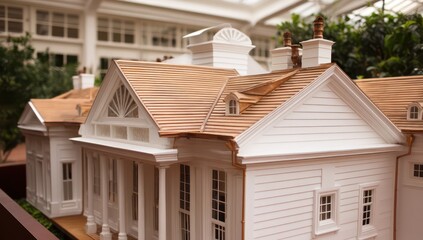 Detailed view of a classic home's wooden eaves, rain gutters, and chimney design features.