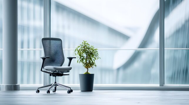 Minimalist office corner with ergonomic chair and plant, conveying modern simplicity and calm productivity.