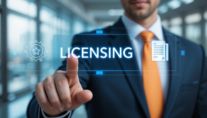 Man using virtual touch interface presses word LICENSING. License agreement business technology concept