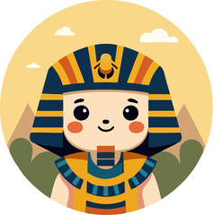 Adorable Pharaoh Kid Cartoon with Egyptian Headdress and Pyramids – Cute Ancient Egypt Vector Illustration for Children’s Content