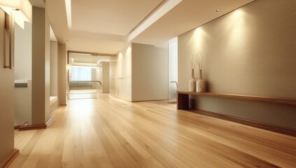 Clean and modern hallway featuring wooden floors, simple decor, and soft lighting accents.
