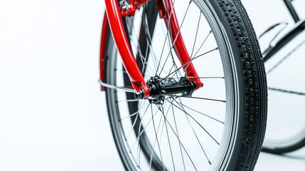Naklejka premium Close up view of a red bicycle wheel featuring detailed spokes and tire