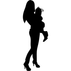 Mother and Daughter Silhouette. Mother and Children in Silhouette. A mother and child holding hands walking together silhouette black filled vector Illustration. 