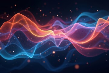 Illuminated Energy Waves: An abstract digital artwork showcasing vibrant, flowing energy waves, rendered in dynamic hues of orange, blue, and purple.