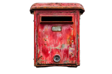 A weathered, rusty red metal mailbox, showing age and wear, with a faded, rectangular slot and minor damage
