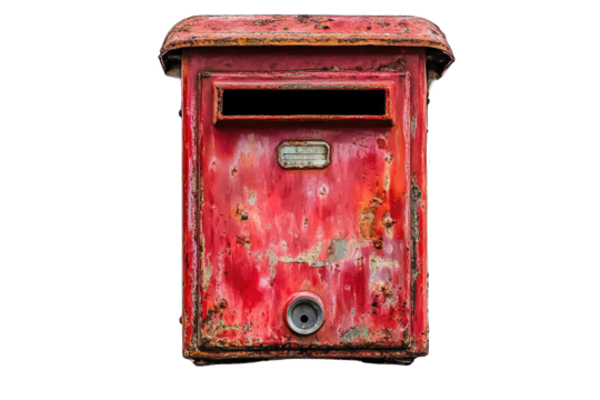 A weathered, rusty red metal mailbox, showing age and wear, with a faded, rectangular slot and minor damage