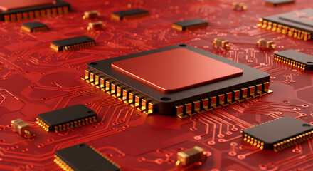 Red Printed Circuit Board (PCB) with Microchips and Components