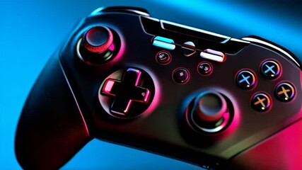 Close up of a black wireless gamepad controller with blue and red lighting displaying gaming equipment on a gradient background - Powered by Adobe