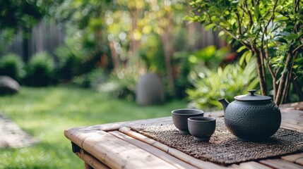 A serene garden scene with a wooden table, a teapot, and two cups, set against a lush green backdrop.