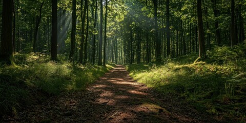 Fototapeta premium A forest path with strong light-and-shadow contrasts creating an artistic effect