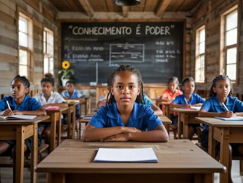 Portrait of a Student in Rustic Classroom with &ldquo;Knowledge is Power&rdquo; Written on Blackboard (Retrato de Aluna em Sala de Aula R&uacute;stica com &ldquo;Conhecimento &eacute; Poder&rdquo; Escrito no Quadro)