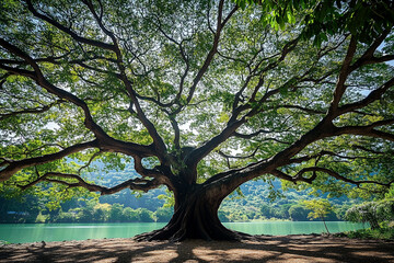 Fototapeta premium Giant rain tree over calm water landscape