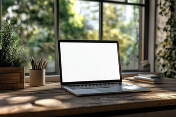 Fototapeta premium Blank laptop screen on wooden desk indoors
