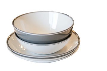 Two white bowls with grey rims, nested, atop matching grey-rimmed plates.  Clean lines, minimalist aesthetic