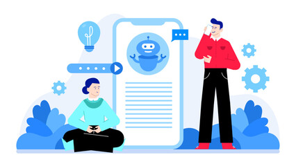 Two people using a mobile app with a blue robot. Suitable for technology blogs, social media marketing, chatbots promotion, digital innovation.