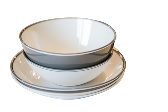 Two white bowls with grey rims, nested, atop matching grey-rimmed plates.  Clean lines, minimalist aesthetic