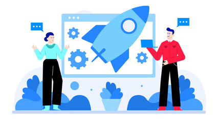 Rocket launching scene with two people discussing a project. Perfect for business, teamwork, innovation, and technology concepts in presentations.